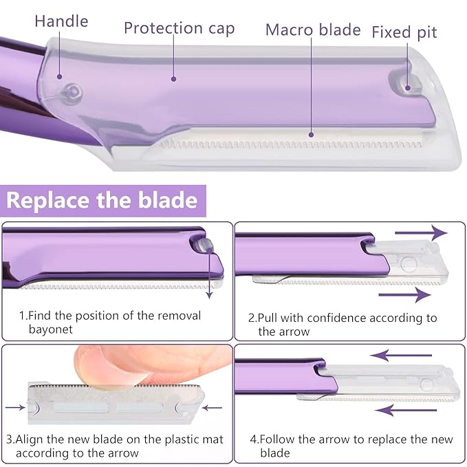 ANDIMEI Professional Dermaplaning Tool Set with 20 Replaceable Stainless Steel Blades, Face Exfoliation Razor for Peach Fuzz Removal, Eyebrow Shaping, All Skin Types (Purple)