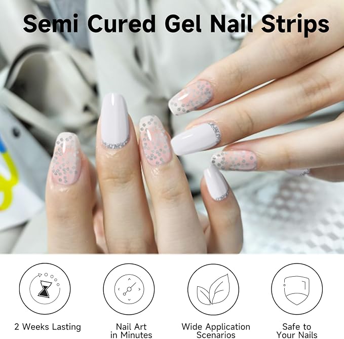 DUKASOU Semi Cured Gel Nail Strips, 56Pcs Nail Art Stickers/Wraps, Long Lasting UV Nail Polish Strips for Adults(Black Silver+White French Tip)
