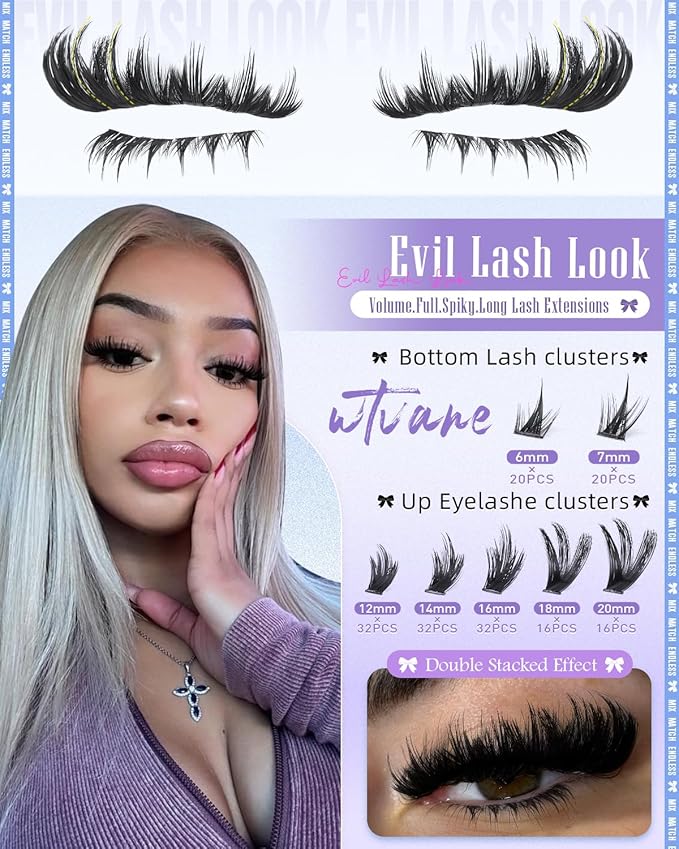 Wtvane 260D Lash Clusters Volume Eyelash Clusters 12-20mm Manga Lash Extension 6-7mm Bottom lashes Clusters D Curl Individual Lashes Long Cluster Eyelash Extensions Spiky False Eyelashes Baddie Look