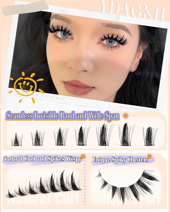 Manga Lash Clusters Spikes Doll Eyelash Extension Anime Wispy Eyelash Clusters Natural Spiky Cluster Eyelash Extensions Invisible Band 8-18mm DIY Cat Eye Lash Extension Fairy Individual Lashes 168Pcs
