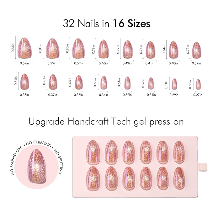 VSALON Press on Nails Short Almond - Pink Cat Eye Pastel Glitter Holographic Fake Nails Kit, Reusable Opaque Gel Chrome Glue on Nails with Glue & Cuticle Oil - Valentines Gifts for Women