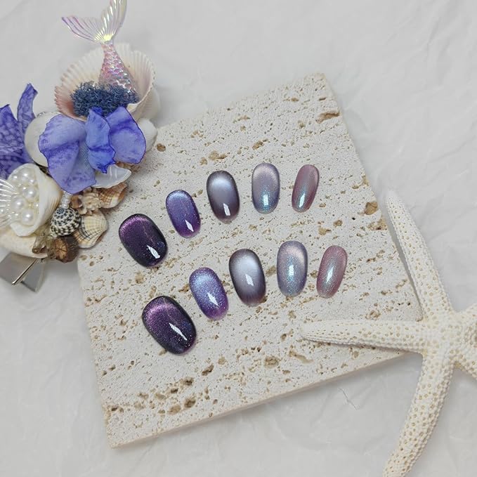 Cat Eye Press on Nails Handmade Short Oval/Square/Round False Nails with French Tip/Aurora/Magnetic Shimmer Designs (Group#Mermaid S)
