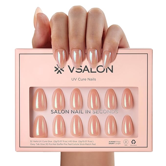 VSALON Press On Nails Short Almond, Nude Pink Pearl Chrome Shimmer Fake Nails With UV Glue, Reusable Stick On Nails Acrylic Neutral Glazed Donut Fall Gift Glue On Nails in 16 Sizes - 32 Nails Kit