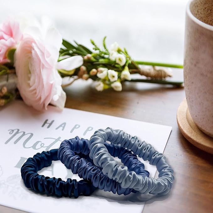 VLOMOT 3 Pcs Set 100% Pure Mulberry Silk Hair Scrunchies Hair Ties with 3 Chic Colors Everyday Skinny Scrunchies Silk Ponytail Holders Hair Care No Damage (Blue)