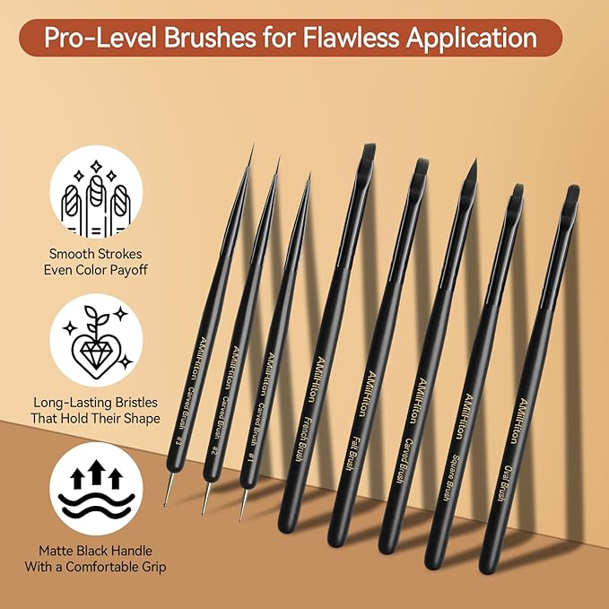 AMilHiTon 8PCS Nail Art Brush Set for Gel & Acrylic – French Tip, Flat, Oval & Carved Liner Brushes with Dotting Tools, Professional Builder Poly Gel Nail Design Kit