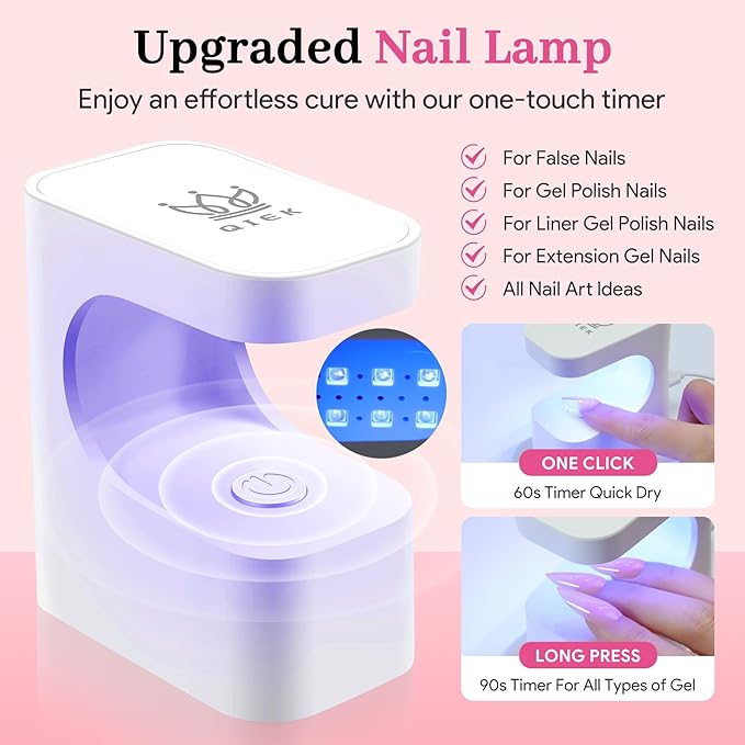 Qiek Medium Almond Pre-Building Nail Tips Kit, 15 Sizes 240 PCS Pre-shaped Apex Pink Thick Extensions Tip Soft Half Matte Press On Fake Nails Glue Gel Nail Lamp for DIY Beginners & Salon Manicure