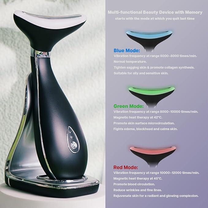 VRAIKO Lily Neck Face Massager, Face Sculpting Tool, Skin Rejuvenation Device with Thermal, Triple Action LED and Vibration, for Anti-Aging, Lifting and Tightening Sagging Skin (Frosted Black)