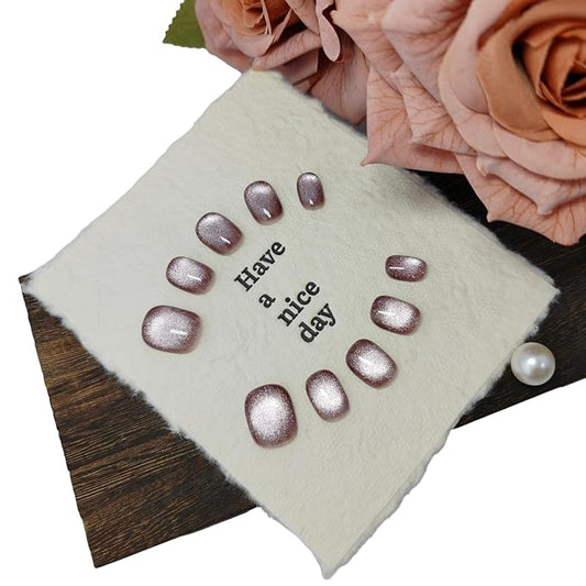 Cat Eye Press on Nails Handmade Short Oval/Square/Round False Nails with French Tip/Aurora/Magnetic Shimmer Designs (Shimmer#Sunshine Lily L)