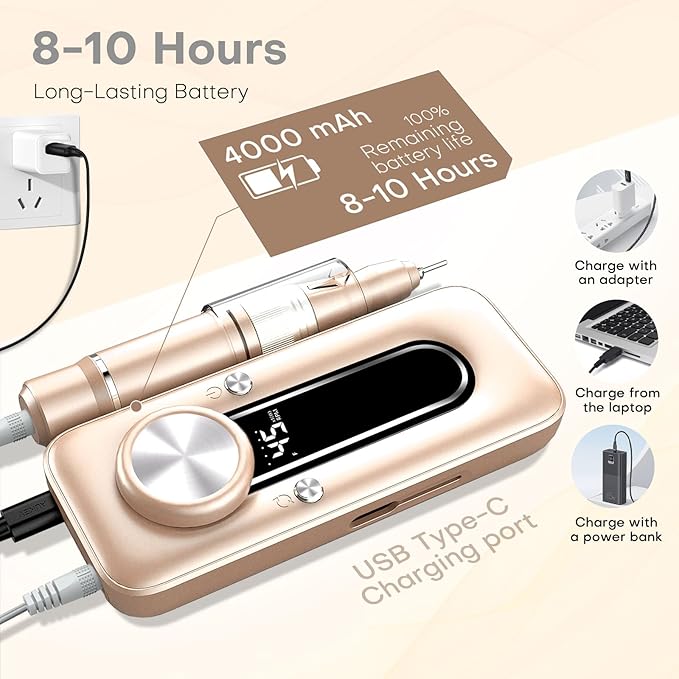 TUOBEO Nail Drill Electric Nail File Kit 45000 RPM Professional Efile Nail Set,Cordless Portable Rechargeable Acrylic Gel Nail Polish Remover Machine Pedicure Manicure Tool with for Salon Home Gold