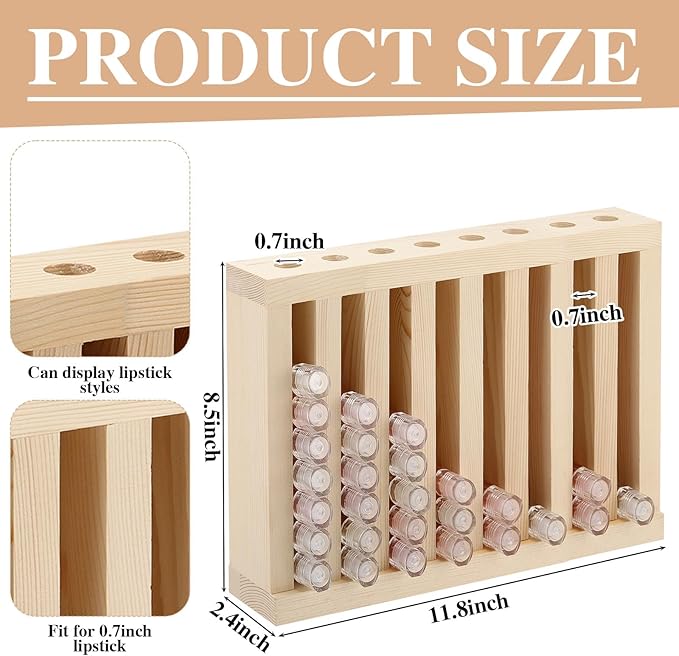 1 Pcs Wooden Lipsticks Holder 0.7 inch Lip Balm Tube Holder Lip Gloss Organizer Display Wood Lipsticks Tube Tower Organizer for Market Craft Booth Room Display (8 Slot)