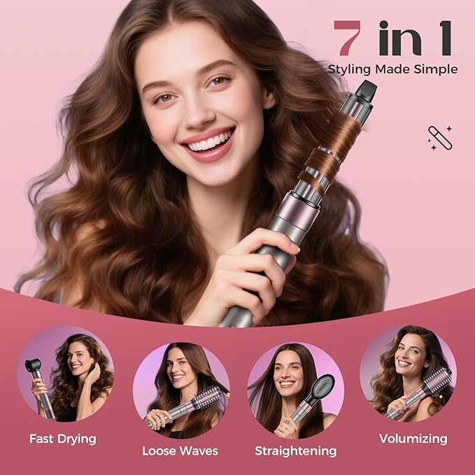 Vincofy 7-in-1 Hair Dryer Brush Blow Dryer, Hot Air Brush Styler with Travel Bag– Fast Drying, Curling, Straightening & Volumizing – 1500W High-Speed Motor 110,000 RPM – All Hair Types – Pink