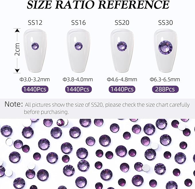 Meibite Tanzanite Flatback Rhinestones, Glass Rhinestones for Nail Art and Craft, Glue Fix, Loose Crystal Gemstones(Tanzanite, SS12, 1440pcs, 2.9-3.0mm)