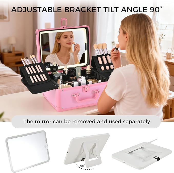 Makeup Case with Lighted Mirror, Makeup Box Organizer with Detachable LED Mirror, Travel Makeup Train Case, Waterproof Cosmetic Organizer, Standing Brush Holder, Gift, Pink