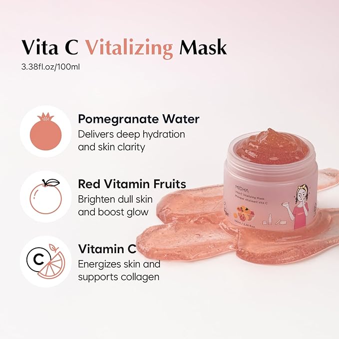 MIDHA VITA C VITALIZING MASK, 3.38fl.oz/100ml,Hydrating, Jelly Texture, Glow-Enhancing, Moisture boost, Daily Vitality Boosting, Soothing, Nourishing, Wash off Pack