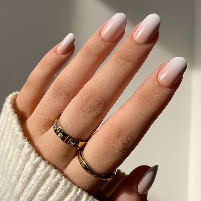 Glamnetic Press On Nails - Creamer | UV Finish Neutral Ombre Short Round Nails, Salon Quality | 15 Sizes - 30 Nail Kit with Glue