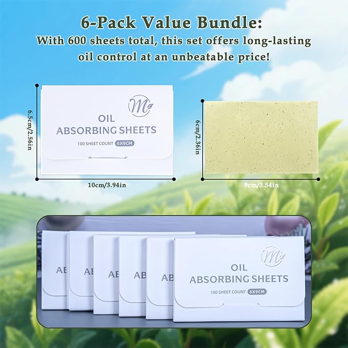 Natural Face Oil Blotting Paper -Bamboo Charcoal 600 Counts, Easy Dispensing Oil Absorbing Sheets, Premium Handy Facial Blotting Papers - Face Skin Care or Beauty Make Up Must Have (White-Green Tea)
