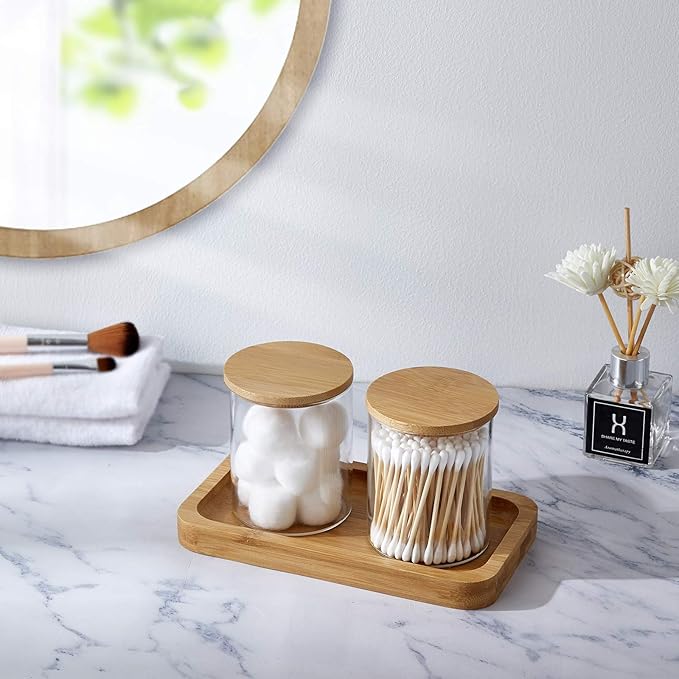 INIUNIK Qtip Holder With Vanity Tray, Glass Apothecary Jars With Lids for Bathroom, Cotton Ball Swab Pad Rounds Holder Canister Jars for Restroom Decorations and Organizer