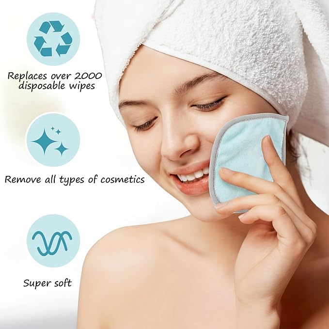 VitalCozy 10 Pack Makeup Remover Cloths, Makeup Remover Towels Reusable Face Cloth Eraser for Washing Face Microfiber Washcloth for Women Cleansing Just Water with Mesh Bag(Blue Colors)