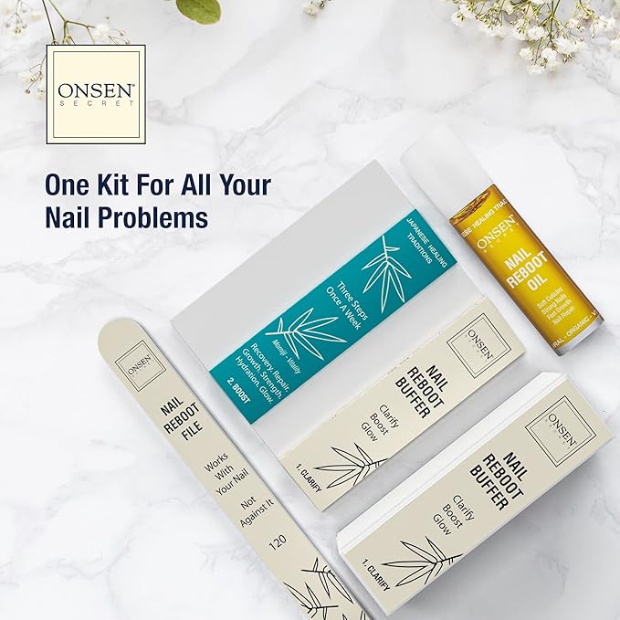 Onsen Secret Nail Care Kit - Includes Cuticle Oil 10ml, Japanese Nail Buffer and Shine Kit - Spa-Quality Manicure - Organic Ingredients - Long-Lasting Shine - Easy & Safe - 1pk