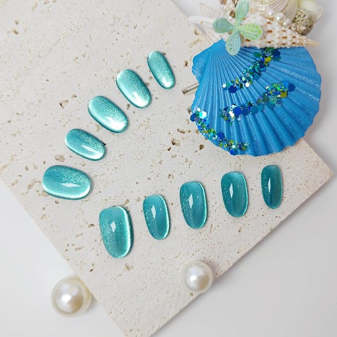 Cat Eye Press on Nails Handmade Short Oval/Square/Round False Nails with French Tip/Aurora/Magnetic Shimmer Designs (Side#Glass Sea L)