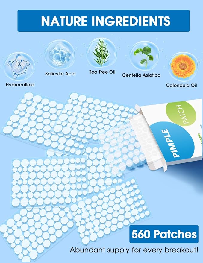 Pimple Patches for Face—Hydrocolloid Acne Patch, 6 Sizes (7/8/10/11/12/14 mm), 560 ct.—Tea Tree, Salicylic Acid & Centella-Invisible Waterproof Spot Dots, Absorb Fluid & Shrinking Zits and Whiteheads