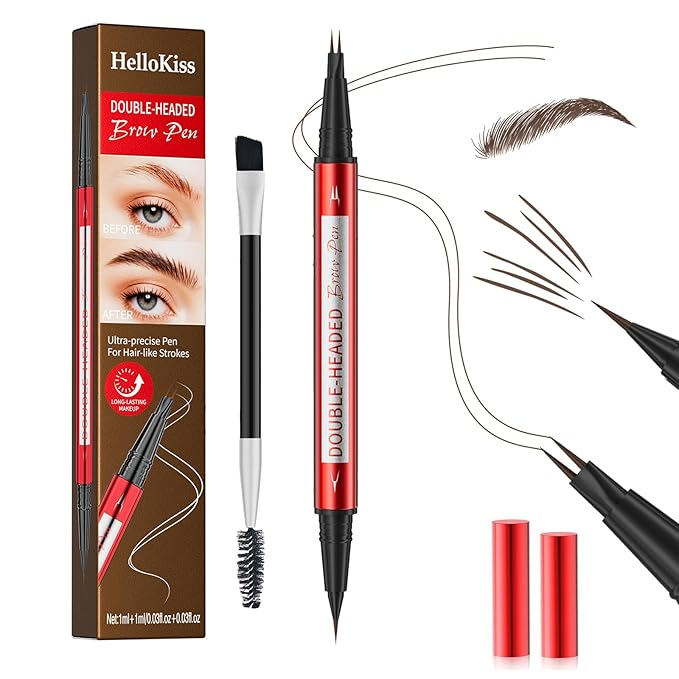 DUDUDU Eyebrow Pencil for Women - Microblading Eyebrow Pen with Dual-Ended Design featuring 2-Fork Tip & Fine Single Brush-Tip, Waterproof, Creates Natural Hair-Like Strokes, Long-Lasting Brown