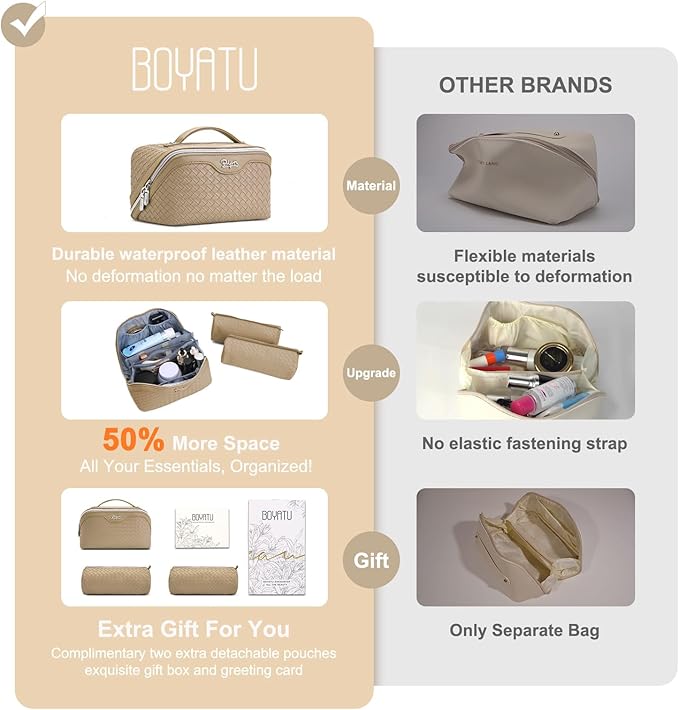 BOYATU Travel Makeup Bag Cosmetic Bags for Women: Large Capacity 3 Pcs Set Make up Bag with Compartments - Waterproof Vegan Leather Toiletry Organizer Bags with Handle (L37 Apricot)