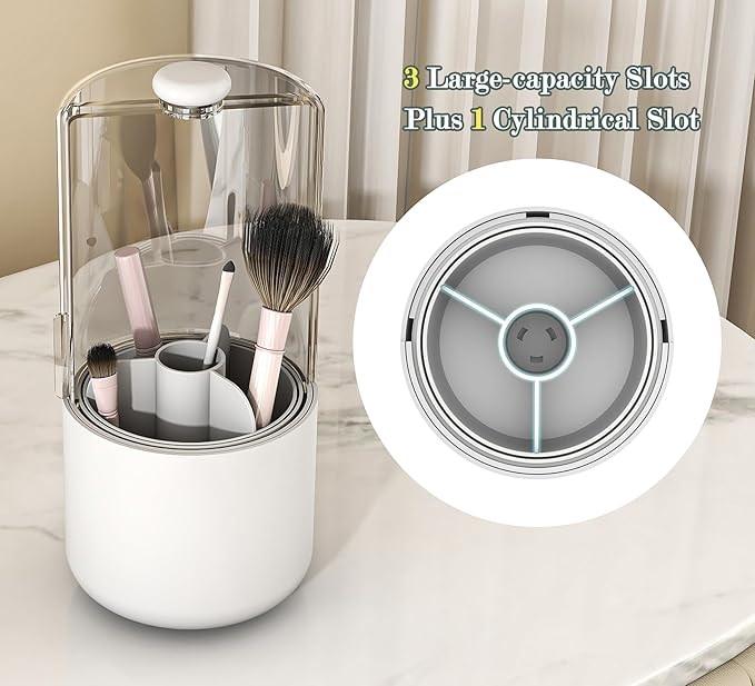 Zufudo Makeup Brush Holder with Dustproof Cover, Clear 360 Rotating Make Up Brushes Organizer for Counter Vanity Bathroom, White