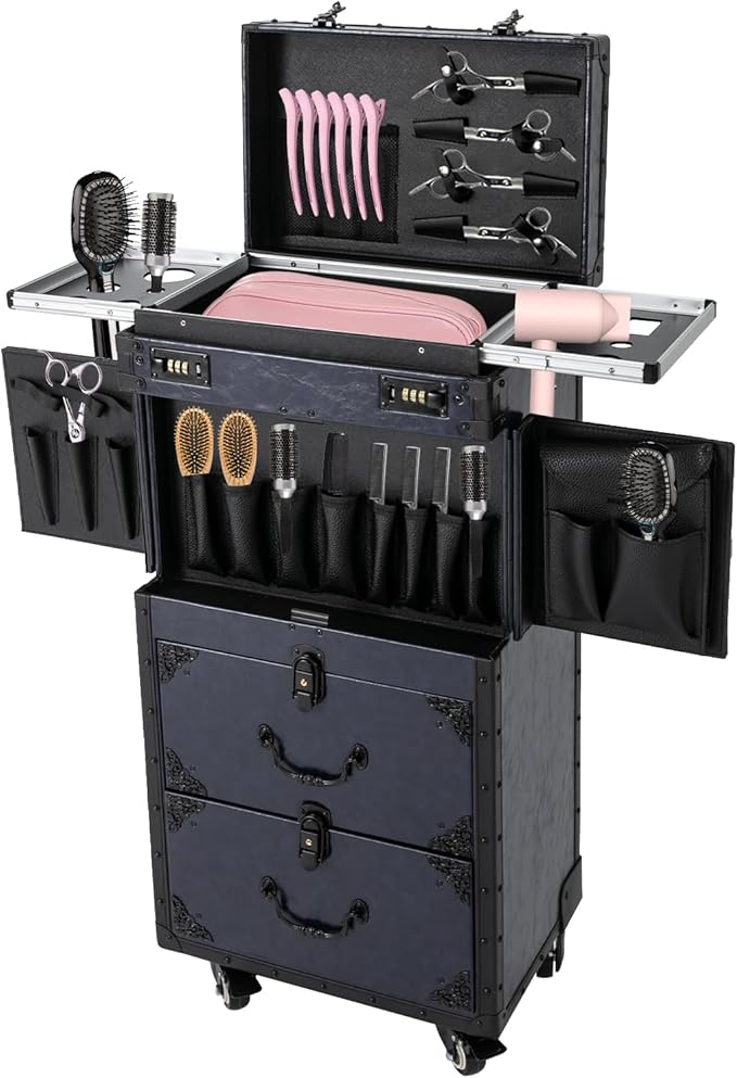 Rolling Makeup Case, Professional Makeup Train Case Hair Salon Luggage Hairdressing Trolley Travel Organizer Lockable Box with 3 Drawers Professional Makeup Case with Wheels(Balck Blue)