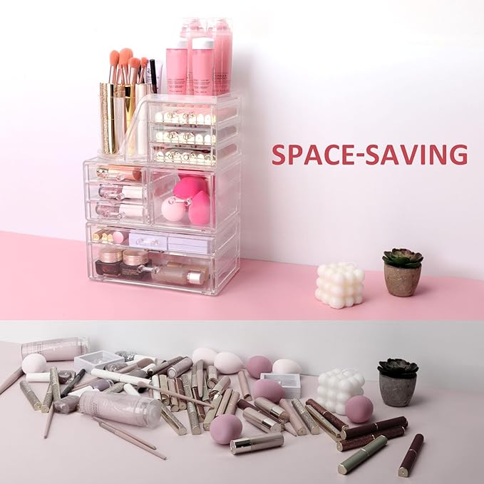 AUOIKK Clear Makeup Organizer with 9 Drawers & Rotating Brush Holder - Large Capacity Cosmetic Display Cases Storage for Vanity, Countertop, Bathroom, Lipstick and Skincare Organization