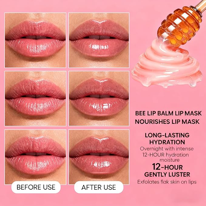 10 PCS Bee Lip Balm Honey Pot-Strawberry,Watermelon,Apple Lime,Cherry,Mint,Aloe Vera,Grapes,Coconut&Peach Flavors Honey Lip Overnight Lip Balm Bulk,Moisturizing Lip Mask &Preventing Dry,Cracked Lips