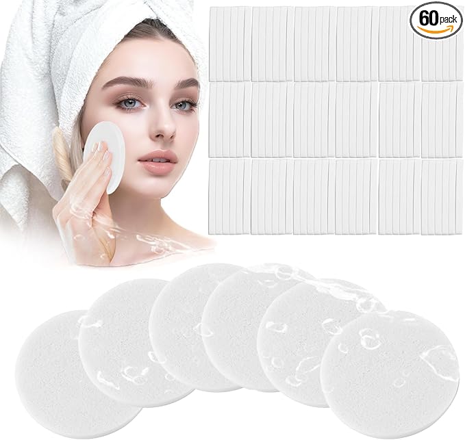 Mgiflw Compressed Facial Sponge,Reusable Makeup Blender 60 Count,Soft Round Wash Sponges for Estheticians Makeup Removal,Face Cleansing Exfoliating Compress Spa Pads for Women,White