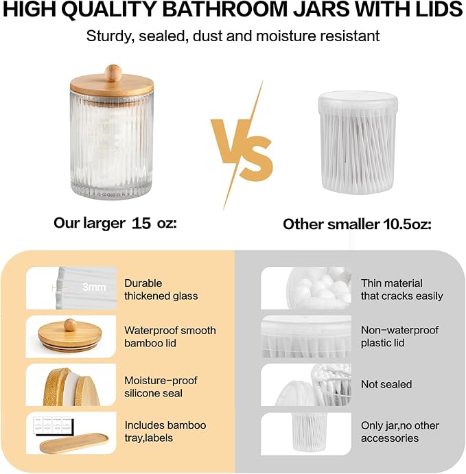 NEECZS 3 Pack Qtip Holder Bathroom Set,Cotton Pad Ball Swab Holder Cotton Round Floss Pick Dispenser with Tray,Glass Apothecary Jars with Lids,Bathroom Organizers and Storage Canisters