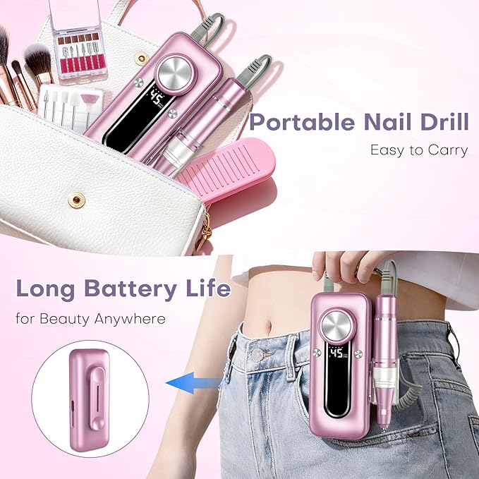 TUOBEO Nail Drill Electric Nail File Kit 45000 RPM Professional Efile Nail Set,Cordless Portable Rechargeable Acrylic Gel Nail Polish Remover Machine Pedicure Manicure Tool with 11 Bits for Salon Home