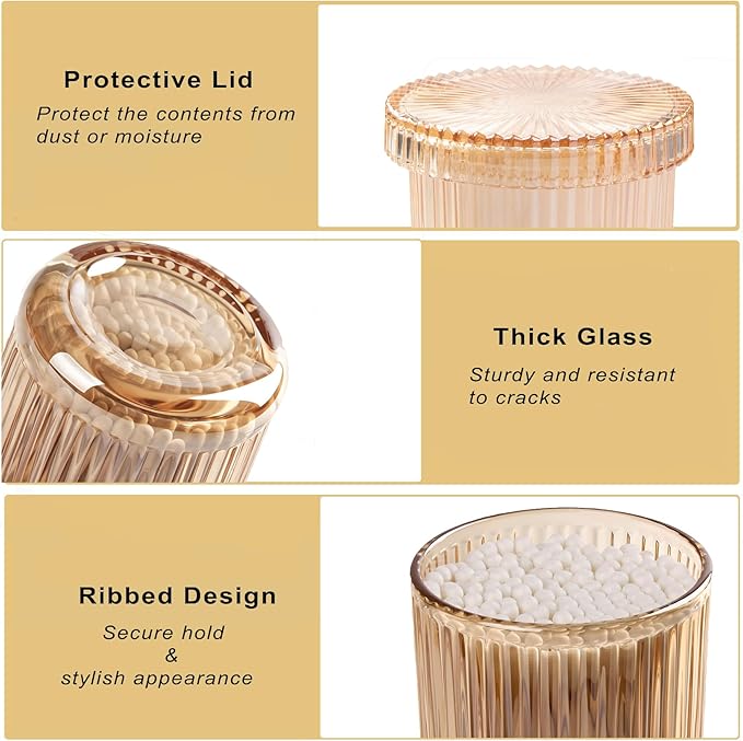 ESEHGS 2 Pack Glass Qtip Holder Dispenser Set - Bathroom Organizer for Cotton Swabs, Balls, Pads, Floss Picks - Clear Apothecary Jars for Vanity, Makeup Storage, Bathroom Accessories Decor (Amber)