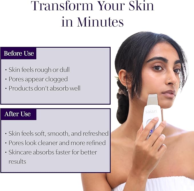 Saian Professional Strength Ultrasonic Skin Scrubber - Face Spatula Exfoliator & Pore Cleaner for Blackhead, Whitehead & Sebaceous Removal - Gentle Deep Cleaning Tool for Smooth, Glowing Skin