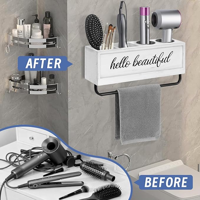 Hair Dryer Holder Wall Mounted, Hair Tools and Styling Organizer with Towel Bar, Farmhouse Beauty Hair Appliance Holder for Flat Iron, Curling Wand, Towel Rack (White)