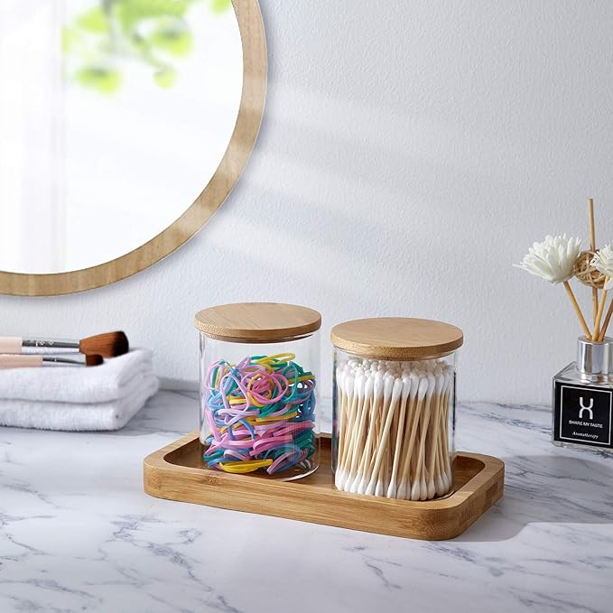 INIUNIK Qtip Holder With Vanity Tray, Glass Apothecary Jars With Lids for Bathroom, Cotton Ball Swab Pad Rounds Holder Canister Jars for Restroom Decorations and Organizer