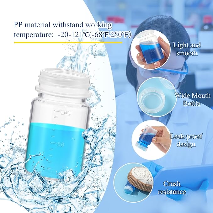 Tatuo 24 Pcs 3 oz 100ml Polypropylene Plastic Sample Bottles with Screw Caps Sample Containers with Lid for Liquids, Reagent, Pill, Travel, Laboratory, Storage at Home (Wide Mouth-white Scale)