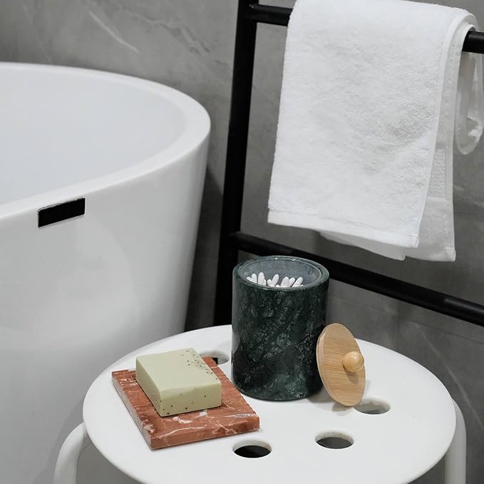 Travertine Marble Qtip Holder Dispenser with Bamboo Lid & Clear Plastic Inner Jar - Bathroom Vanity Organizer for Cotton Swab, Ball, Makeup Pads, Floss - Storage Container (India Green Marble)
