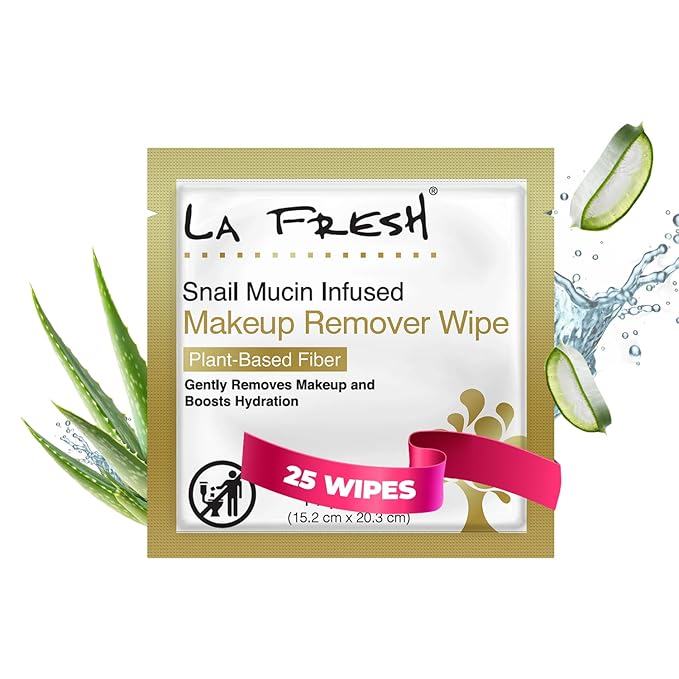 LA Fresh Snail Mucin Facial Cleansing Wet Wipes - Double-Action Travel Makeup Remover Wipes, Oil-free, Non-Greasy Wet Wipes, 25-Pack