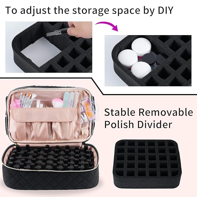 VOFIpremiAm Nail Polish Organizer Case Fits Nail Lamp and 50 Bottles,Nail Organizers and Storage for Nail Tech Travel,Pretty Nail Polish Storage Bag Fits Nail Kit & Manicure Tools (Patented)-Black
