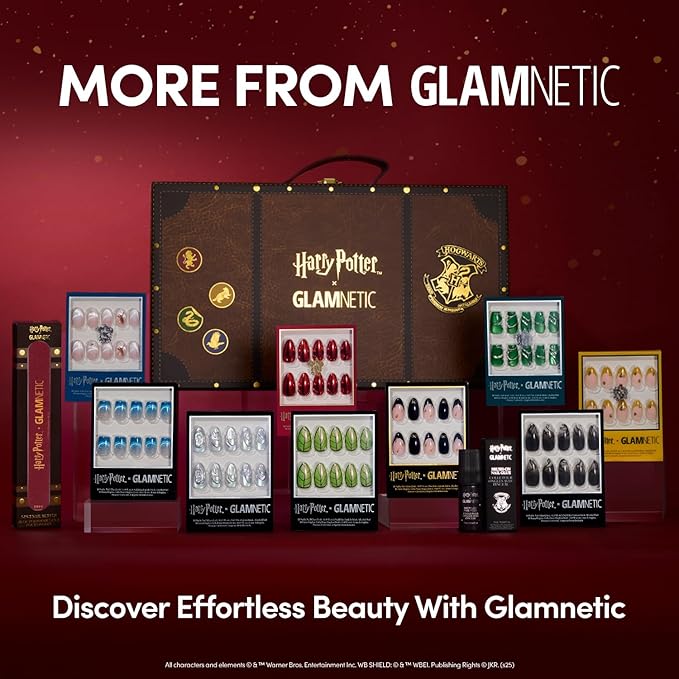 Glamnetic Press On Nails x Harry Potter™ - Unicorn Blood | Short Almond Fake Nails with Silver Chrome & 3D Swirl Design, Salon Quality Officially Licensed | 15 Sizes - 30 Nail Kit with Glue