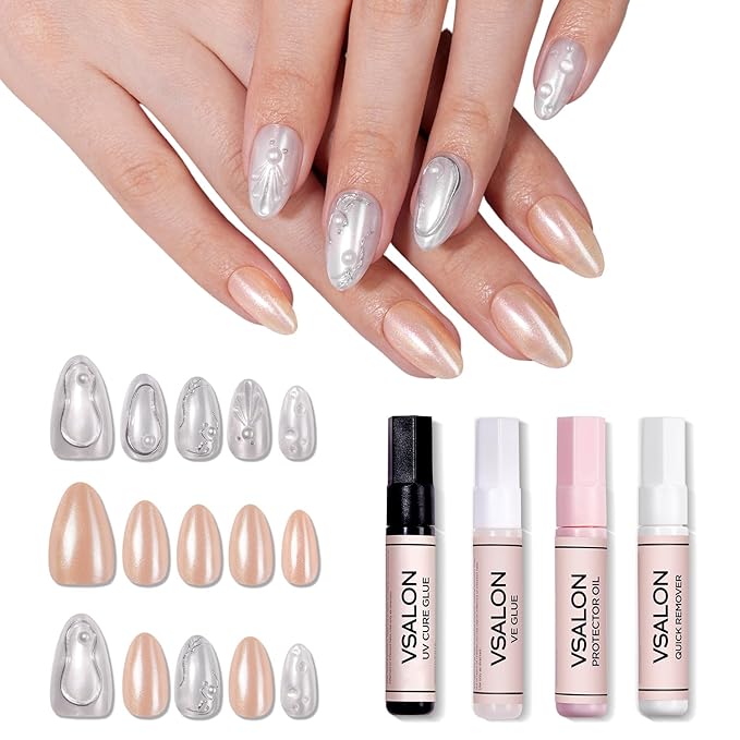 VSALON Press-On Nails Short Almond - 42 PCS Pearl White 3D Metallic Fake Nails for Women, 32 Main Nails in 16 Sizes &10 Champagne Alternative Nails - Reusable Glue on Nails Set with Tool Kit