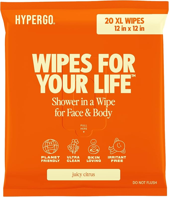 HyperGo XL Body Wipes for Women & Men – 12" x12" Rinse-Free Full Body Cleansing Wipes 20 Count Pack - Citrus | Biodegradable, Hypoallergenic, Aloe-Infused | Gym, Festival, Camping Essentials