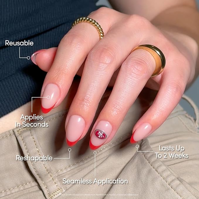 Glamnetic x Fanatics Press On Nails - San Francisco 49ers | Short Almond Fake Nails, NFL 49ers Red French Tips, Football Nails, Salon-Quality | 15 Sizes - 30 Nail Kit with Glue