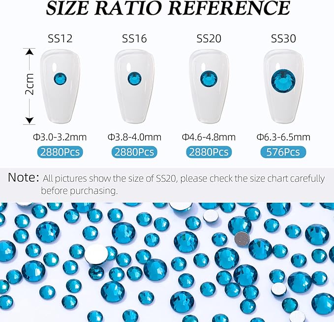 Meibite Malachite Blue Flatback Rhinestones, Glass Rhinestones for Nail Art and Craft, Glue Fix, Loose Crystal Gemstones(Malachite Blue, SS16, 2880pcs, 3.8-4.0mm)