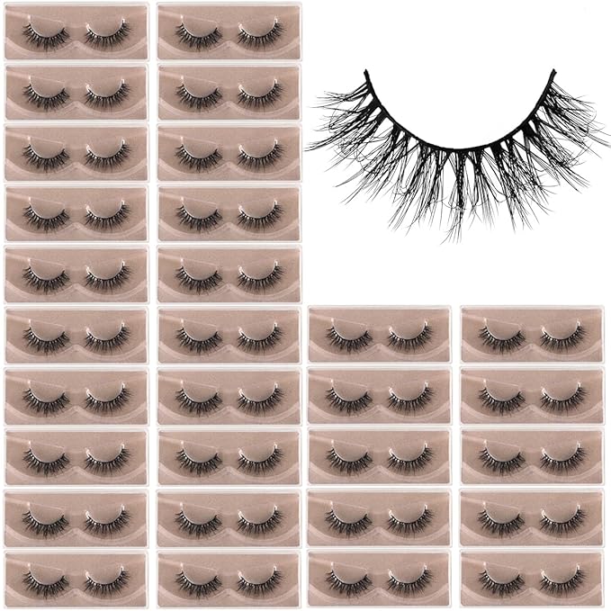Lashes Mink Bulk 30 Pair Wholesale Lashes 5D Fluffy Eyelashes Wholesale Faux Mink Eyelashes Natural Medium Length Fake Lash with Portable Pack (Round Ultra-Wispy 30 Pairs)