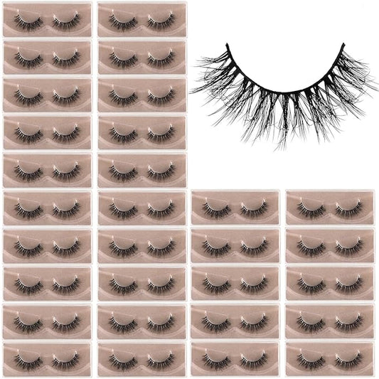 Lashes Mink Bulk 30 Pair Wholesale Lashes 5D Fluffy Eyelashes Wholesale Faux Mink Eyelashes Natural Medium Length Fake Lash with Portable Pack (Round Ultra-Wispy 30 Pairs)