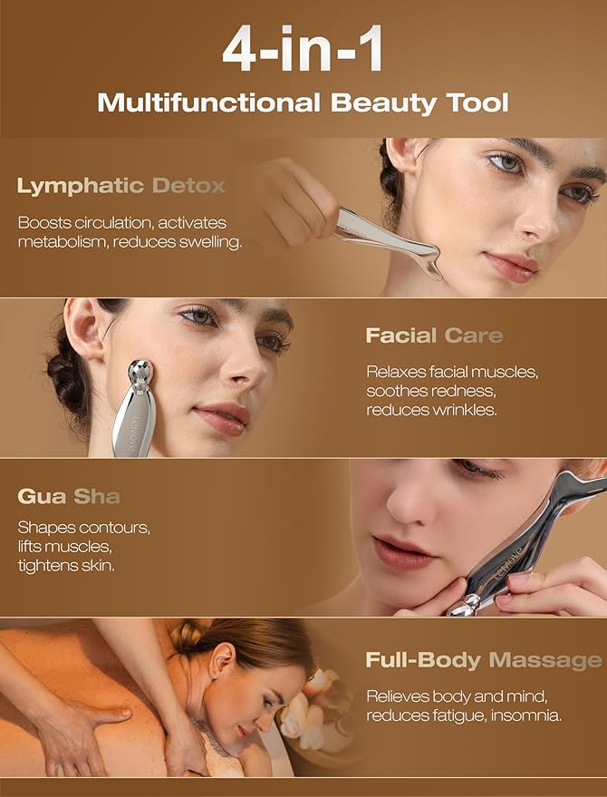 Lemove 4-in-1 Gua Sha Facial Tools, Facial Roller, Skin Care Roller with Stainless Steel, Face Ice Roller to Reduce Puffiness & Eye Strain, Relieved Facial Tension, Gift for Women and Men-Silver